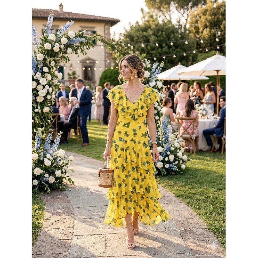 WAYF Yellow Floral Tiered Ruffle Maxi Dress XS V-Neck Flutter Sleeve Wedding
